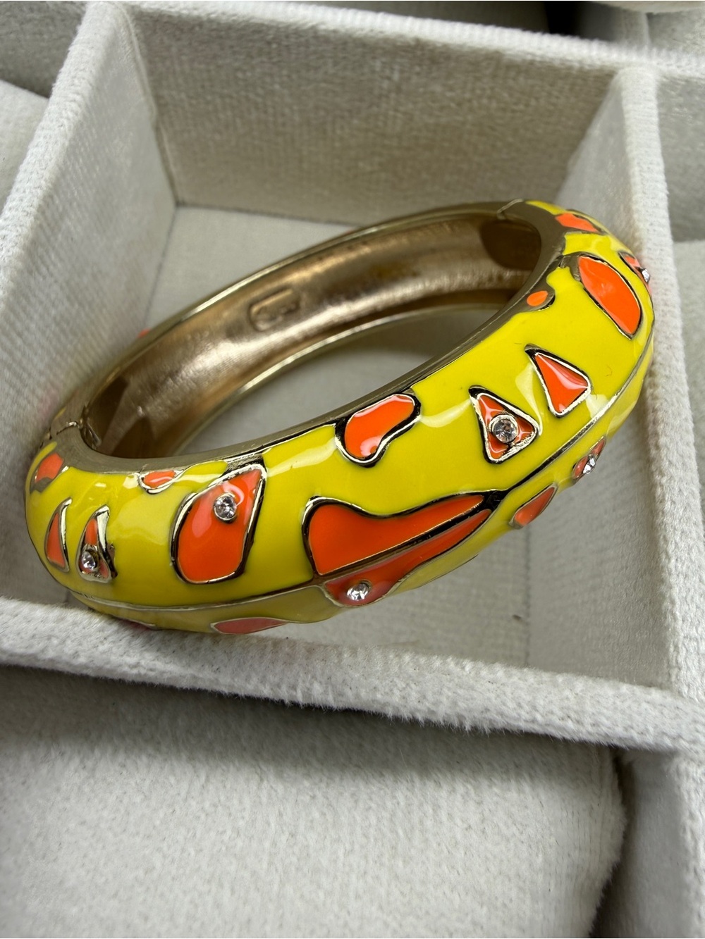 Yellow and Orange Enamel Bangle Bracelet with Crystal Accents by
